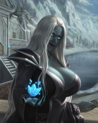 1girl absurdres beauline blue_eyes blue_skin breasts colored_skin dress female_focus highres ice large_breasts lipstick makeup mature_female scar smile solo thyra warcraft winter witch world_of_warcraft