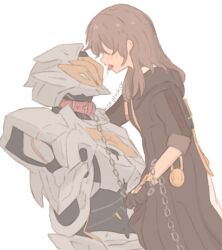 1girl after_kiss armor black_armor black_coat black_gloves blush chain coat collar commentary english_commentary full_armor gloves grey_armor grey_hair holding holding_chain honkai:_star_rail honkai_(series) korshokor long_hair long_sleeves mecha no_eyes open_mouth pocket_watch power_armor red_collar robot saliva saliva_trail sam_(honkai:_star_rail) sidelocks simple_background stelle_(honkai:_star_rail) tongue tongue_out trailblazer_(honkai:_star_rail) two-tone_armor watch white_background