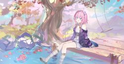 1girl absurdres blue_sky chinese_commentary coat commentary_request cyrene_(honkai:_star_rail) dress fish hair_ornament highres honkai:_star_rail honkai_(series) jewelry lake necklace open_mouth outdoors pink_hair purple_coat ranersha1 sandals short_hair sitting sky smile solo swing_set tree twitter_username water white_dress
