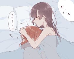 2girls aijou_karen between_breasts breasts head_between_breasts hickey kagura_hikari multiple_girls nude shoujo_kageki_revue_starlight speech_bubble sweat thought_bubble translation_request yuri