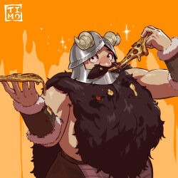 1boy bara beard belly brown_hair dungeon_meshi dwarf eating facial_hair fake_horns fat fat_man food helmet highres horned_helmet horns incoming_food long_beard male_focus mustache pizza pizza_slice senshi_(dungeon_meshi) solo sparkle tearing_up thick_mustache timo_(timotimo628) toned toned_male topless_male very_long_beard