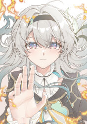 absurdres cropped_jacket fire firefly_(honkai:_star_rail) grey_hair hair_ornament hair_ribbon hairband highres honkai:_star_rail honkai_(series) neckerchief nichi_(dsmh7383) orange_neckerchief palms ribbon simple_background smile white_background