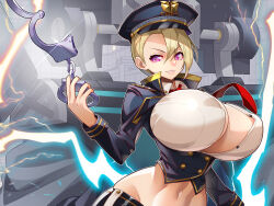 Rule 34 | 1girl, black jacket, black pants, blonde hair, breasts, buttons, cleavage, cuffs, double-breasted, electricity, groin, hair between eyes, handcuffs, hat, highres, holding, holding handcuffs, huge breasts, jacket, last origin, lightning, linea alba, long hair, long hair between eyes, long sleeves, looking at viewer, machinery, midriff, navel, necktie, open clothes, open shirt, pants, parted lips, police, police hat, police uniform, purple eyes, red necktie, sadius of retribution, shirt, short hair, smirk, solo, toned, umigarasu (kitsune1963), v-shaped eyebrows, white shirt