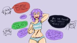 4girls absurdres blanc_(neptunia) blue_panties blush bra breasts colored_pubic_hair english_text female_pubic_hair highres long_hair multiple_girls navel neptune_(neptunia) neptune_(series) noire_(neptunia) open_mouth panties pubic_hair pubic_hair_peek purple_eyes purple_hair ro-beto_(artist) scar scar_on_stomach short_hair simple_background speech_bubble striped_bra striped_clothes striped_panties twintails underwear vert_(neptunia)