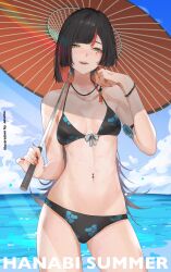 .akuma 1girl alternate_costume artist_name asymmetrical_hair bare_shoulders beach bead_bracelet beads bikini black_bikini black_hair blunt_bangs blunt_ends blush bow bow_bikini bracelet breasts character_name choya_hanabi colored_inner_hair cowboy_shot day earrings english_text facial_mark fingernails floral_print_bikini hand_up hashtag-only_commentary highres holding holding_jewelry holding_necklace holding_umbrella jewelry lips long_hair looking_at_viewer multicolored_hair nail_polish navel_piercing necklace oil-paper_umbrella outdoors piercing red_hair red_nails small_breasts smile solo standing stomach straight-on swimsuit teeth two-tone_hair umbrella virtual_youtuber vspo! yellow_eyes