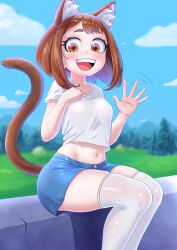 Rule 34 | 1girl, absurdres, alternate species, animal ears, artist name, blue shorts, blue sky, blurry, blurry background, blush, boku no hero academia, breasts, brown eyes, brown hair, cat ears, cat girl, cat tail, collarbone, day, dot nose, eyebrows, eyelashes, feet out of frame, female focus, from side, hand on own chest, hand up, happy, hassylep, highres, kemonomimi mode, legs together, looking at viewer, looking to the side, matching hair/eyes, medium hair, midriff, navel, open mouth, outdoors, shirt, short sleeves, shorts, sitting, sky, small breasts, smile, solo, tail, teeth, thighhighs, tongue, upper teeth only, uraraka ochako, white shirt, white thighhighs