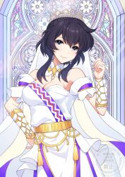 belt black_hair bracer breasts bridal_veil bride choker cleavage dress earrings fire_emblem fire_emblem:_genealogy_of_the_holy_war fire_emblem_heroes highres jewelry larcei_(bride_of_astra)_(fire_emblem) larcei_(fire_emblem) looking_at_viewer medium_breasts nintendo official_alternate_costume short_hair sidelocks smile stained_glass strapless strapless_dress sylphy_fe tiara veil wedding_dress white_dress