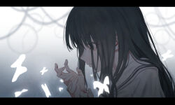 1girl absurdres black_eyes black_hair bug butterfly commentary_request despair from_side glowing grey_background hands_up highres insect kyano_(kyanora3141) letterboxed long_hair looking_at_hands looking_down original profile sailor_collar school_uniform shirt solo upper_body white_shirt