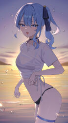 1girl :d absurdres bikini_visible_through_clothes black_choker blue_eyes blue_hair blush breasts choker cloud cowboy_shot crop_top hair_ribbon highres hololive hoshimachi_suisei looking_at_viewer o-e331 open_mouth ribbon see-through_cleavage see-through_clothes see-through_shirt shirt side_ponytail sky small_breasts smile solo sunset thigh_strap virtual_youtuber water wet