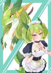 1girl absurdres apron blush closed_mouth collarbone detached_collar dragon dragon_girl dragon_horns dragon_tail dragon_wings dragonmaid_lorpar dual_persona duel_monster frilled_apron frilled_hairband frills green_hair hairband highres horns long_hair looking_at_viewer maid maid_apron maid_headdress mekoneko0478 orange_eyes parlor_dragonmaid puffy_short_sleeves puffy_sleeves short_sleeves smile tail twintails waist_apron white_apron wings wrist_cuffs yu-gi-oh!
