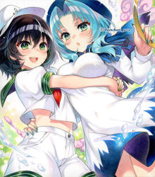 2girls :d :o anchor_print baseball_cap beret black_hair blue_hair blue_hat blue_nails breasts chacham commentary_request cropped_shirt curtained_hair dress floating_clothes green_eyes green_nails green_sailor_collar hair_between_eyes hand_on_another&#039;s_hip hat high-waist_shorts hug kumoi_ichirin large_breasts light_blush light_particles long_hair looking_at_viewer multiple_girls murasa_minamitsu navel neckerchief open_mouth red_neckerchief sailor_collar sailor_shirt shirt short_hair shorts sidelocks small_breasts smile teeth touhou twitter_username upper_teeth_only white_dress white_hat white_shirt white_shorts