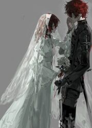1boy 1girl absurdres bouquet bridal_veil dress flower gloves hetero highres holding holding_hands kiss kissing_hand long_hair long_sleeves original qyzhiaiyisheng red_hair short_hair sword veil weapon wedding_dress yellow_eyes