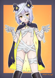 1girl :o azur_lane bandages black_cape blush cape commentary_request explorer_(azur_lane) expressionless groin halloween_costume hands_up headgear highres matsunaga_maguro medium_hair naked_bandage naked_cape navel rigging ship_turret siren_(azur_lane) solo w_arms white_hair yellow_eyes