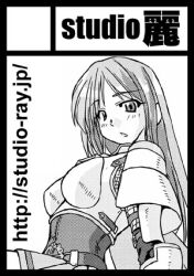 Rule 34 | 1girl, armor, belt, boobplate, border, breastplate, cape, chainmail, chestnut mouth, circle cut, commentary request, cross of prontera, greyscale, long hair, looking at viewer, looking to the side, lord knight (ragnarok online), lowres, monochrome, open mouth, pauldrons, ragnarok online, shoulder armor, simple background, solo, tatsumi ray, watermark, web address