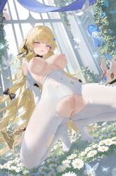 1girl absurdres alternate_costume bird black_bow blonde_hair blush bodysuit bodysuit_pull bow breasts breasts_out censored check_clothing closed_mouth clothing_request commentary_request covered_navel hair_bow hair_ornament haku89 highres holding holding_behind_back holding_staff indoors large_breasts long_hair looking_at_viewer mosaic_censoring nimbus_wraith_(wuthering_waves) nipples no_panties no_shoes paid_reward_available phoebe_(wuthering_waves) purple_eyes pussy solo spread_legs squatting staff tacet_discord_(wuthering_waves) tacet_mark_(wuthering_waves) torn_bodysuit torn_clothes very_long_hair white_bird white_bodysuit wuthering_waves x_hair_ornament
