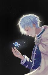 Rule 34 | 1boy, absurdres, black background, blue eyes, blue flower, blue hair, cape, chinese commentary, commentary request, dated, flower, highres, himmel (sousou no frieren), holding, holding flower, male focus, mole, mole under eye, open mouth, signature, solo, sousou no frieren, standing, white cape, yeeej