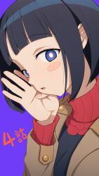 1girl black_hair blue_eyes blunt_bangs bright_pupils brown_coat coat commentary_request gundam gundam_gquuuuuux hand_up highres kwrrrrrr looking_at_viewer open_mouth purple_background shiiko_sugai short_hair simple_background solo turtleneck upper_body white_pupils