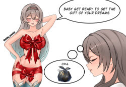 breasts cleavage eidis_scarlet firefly_(honkai:_star_rail) gift_wrapping grey_hair hairband highres honkai:_star_rail honkai_(series) red_ribbon ribbon ribbon_as_bra simple_background speech_bubble stelle_(honkai:_star_rail) thighhighs thought_bubble trailblazer_(honkai:_star_rail) trash_bag twitter_username white_background
