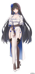 1girl artist_name black_garter_straps black_hair black_pantyhose blue_flower breasts bridal_gauntlets commentary_request daiyan_(girls&#039;_frontline_2) dress flower full_body garter_straps girls&#039;_frontline girls&#039;_frontline_2:_exilium hair_flower hair_ornament hairband high_heels highres lace lace-trimmed_thighhighs lace_trim large_breasts long_hair long_sleeves looking_at_viewer official_alternate_costume pantyhose parted_lips pelvic_curtain shoes simple_background smile solo standing thighhighs type_95_(girls&#039;_frontline) type_95_(narcissus)_(girls&#039;_frontline) very_long_hair white_background white_dress white_hairband white_shoes xnnagu yellow_eyes