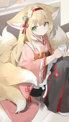 1girl absurdres animal_ears apron arknights black_hakama blonde_hair chinese_commentary commentary_request cup flower fox_ears fox_girl fox_tail green_eyes hair_ornament hairband hakama hakama_skirt highres holding holding_cup japanese_clothes kimono kitsune kyuubi long_hair looking_at_viewer multiple_tails official_alternate_costume parted_lips pink_kimono red_hairband sitting skirt solo suzuran_(arknights) suzuran_(yukibare)_(arknights) tail teketi