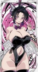 Rule 34 | 1girl, absurdres, artist name, black hair, black leotard, black thighhighs, breasts, bunny day, butterfly hair ornament, cleavage, closed mouth, clothing cutout, commentary request, hair ornament, hand up, highleg, highleg leotard, highres, huge breasts, kimetsu no yaiba, kinakomochi (user vedc2333), kochou shinobu, leotard, looking at viewer, navel, navel cutout, nontraditional playboy bunny, purple eyes, short hair, smile, solo, standing, thighhighs, thighs, v