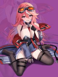 Rule 34 | 1girl, absurdres, azur lane, bare shoulders, between breasts, black garter straps, black gloves, black thighhighs, blue coat, breasts, cleavage, coat, fingerless gloves, franklin (azur lane), garter straps, gloves, goggles, goggles on head, hair between eyes, highres, large breasts, long sleeves, mole, mole under mouth, nanzexiaohan, orange-tinted eyewear, pink hair, purple eyes, smile, solo, strap between breasts, thighhighs, tinted eyewear, white streaks