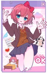 1girl :d absurdres bed blazer blue_eyes blue_skirt blush blush_stickers border bow bowtie breasts brown_jacket brown_sweater_vest calendar_(object) chibi chibi_inset clothes_lift cloud collared_shirt commentary contrapposto doki_doki_literature_club dress_shirt fake_screenshot gigaokakiman glitch groin hair_between_eyes hair_bow hands_up head_tilt heart highres jacket long_sleeves looking_at_viewer miniskirt neck_ribbon no_panties open_clothes open_jacket open_mouth pajamas parted_lips pink_background pink_hair pleated_skirt purple_background red_bow red_bowtie red_ribbon ribbon sayori_(doki_doki_literature_club) school_uniform shirt short_hair sitting skirt skirt_lift small_breasts smile solo spread_fingers squeans squiggle standing stuffed_animal stuffed_cow stuffed_toy sweater_vest thigh_gap transparent_border under_covers user_interface w_arms waking_up white_background white_pajamas white_shirt wind wind_lift window_(computing)