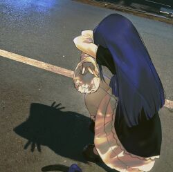 1girl absurdres cat_shadow_puppet_(meme) commentary dress frederica_bernkastel highres long_hair middle_w photo-referenced purple_hair road shadow shadow_puppet solo squatting symbol-only_commentary umineko_no_naku_koro_ni w yuishironeko