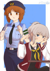 Rule 34 | aiguillette, alternate hairstyle, artist logo, bandaid, bandaid on face, belt, black belt, black necktie, black sailor collar, black scrunchie, black shirt, blue background, blue eyes, blue hat, blue shirt, blue skirt, brown eyes, brown hair, closed mouth, commentary, cuffs, elbow rest, female service cap, frown, girls und panzer, grey hair, hair ornament, hair scrunchie, hair up, hand on own face, handcuffs, hat, highres, holding, holding key, itsumi erika, jacket, japan national police, key, letterman jacket, logo, long sleeves, looking at viewer, medium hair, neckerchief, necktie, nekounko, nishizumi miho, open clothes, open jacket, open mouth, pencil skirt, police, police hat, police uniform, policewoman, ponytail, red jacket, sailor collar, school uniform, scrunchie, serafuku, shirt, short hair, short sleeves, sitting, skirt, standing, symbol-only commentary, table, wing collar, yellow neckerchief