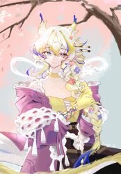 1girl arknights blonde_hair braid chinese_commentary choker closed_mouth collarbone colored_extremities commentary_request dragon dragon_girl dragon_horns dragon_tail earrings eastern_dragon frills grey_eyes hair_between_eyes hair_over_shoulder hands_in_hair hands_in_own_hair highres horns jewelry long_hair multicolored_hair off_shoulder official_alternate_costume partial_commentary purple_hair shawl shirt shu_(arknights) shu_(spring_feast)_(arknights) smile solo tail tassel white_hair white_shawl yellow_choker yellow_shirt zayla_lun_(mayo_hx)