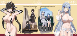 Rule 34 | 4girls, absurdres, animal ears, animal print, bell, black hair, blunt bangs, breasts, cow ears, cow horns, cow print, cow print gloves, cow print thighhighs, cowbell, english text, facial mark, fake animal ears, fake horns, garter belt, girls&#039; frontline, gloves, green eyes, grey hair, hairband, heart pasties, heterochromia, highres, hk416 (girls&#039; frontline), horns, huge breasts, large breasts, long hair, mouth hold, multiple girls, neck bell, panties, pasties, print gloves, print hairband, print slingshot swimsuit, print thighhighs, red eyes, ro635 (girls&#039; frontline), side-tie panties, simobulanka, tattoo, teardrop, teardrop tattoo, thighhighs, underwear, very long hair, white garter belt, white panties, white streaks, white thighhighs, yellow eyes