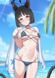 1girl absurdres animal_ears beach bikini black_choker black_eyes black_hair blue_archive blue_sky breasts cat_ears cat_girl cat_tail choker cloud collarbone commentary_request criss-cross_straps day gluteal_fold hand_up highres kenja_panda kikyou_(blue_archive) kikyou_(swimsuit)_(blue_archive) layered_bikini looking_at_viewer multiple_tails navel ocean official_alternate_costume outdoors short_hair sky solo stomach swimsuit tail thighs two_tails