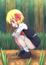 1girl ant black_footwear black_jacket black_skirt blonde_hair bug crossed_arms fang forest from_side grass hair_ribbon highres insect iwashimizu jacket long_sleeves nature panties panty_pull peeing puddle red_eyes ribbon rumia shirt shoes short_hair skirt sleeveless sleeveless_jacket socks squatting steam touhou tree underwear white_panties white_shirt white_socks