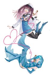 Rule 34 | 2girls, akoya matama, anemo nemo, blue eyes, blue hair, boots, bra, breasts, brown hair, corded phone, elbow gloves, gloves, hat, heart, high heels, highres, holding, holding phone, hood, hoodie, leberblume, loco musica, long hair, mahou shoujo ni akogarete, medium breasts, multiple girls, nail polish, open mouth, phone, purple eyes, qixiaqiu362, sharp teeth, simple background, smile, talking on phone, teeth, thighhighs, underwear, white background, yuri