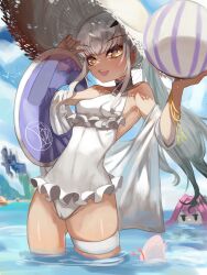 2girls absurdres ball baobhan_sith_(fate) beach beachball blue_sky blush breasts brown_eyes covered_navel dress_swimsuit fate/grand_order fate_(series) forked_eyebrows frilled_one-piece_swimsuit frills hat highres innertube jewelry long_hair looking_at_viewer m0_chi melusine_(fate) multiple_girls neck_ring ocean one-piece_swimsuit open_mouth outdoors pink_hair ponytail sidelocks sky small_breasts smile straw_hat sun_hat swim_ring swimsuit thigh_strap thighs wading white_hair white_one-piece_swimsuit