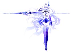 Rule 34 | 1girl, absurdres, azurelight (genshin impact), bare shoulders, breasts, closed mouth, dress, expressionless, full body, genshin impact, hair between eyes, hair ornament, hair over one eye, highres, holding, holding sword, holding weapon, large breasts, long hair, looking at viewer, outstretched arm, pink eyes, purple hands, simple background, skirk (genshin impact), solo, straight-on, sword, tatata taira, twitter username, very long hair, watermark, weapon, white background, white dress, white hair