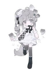 1girl ahoge animal_ear_fluff animal_ears black_thighhighs blush bow braid dress fox_tail frills full_body grey_eyes grey_hair hair_ornament highres long_hair memuro original puffy_short_sleeves puffy_sleeves sample_watermark shoes short_sleeves side_ponytail socks tail thighhighs watermark white_background wrist_cuffs
