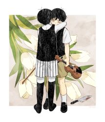 2boys ankle_socks antenna_hair bare_shoulders black_hair black_shoes black_shorts black_sweater_vest black_tank_top black_thighhighs blood bloody_knife border bow_(music) brown_background brown_shorts closed_eyes colored_skin commentary_request crying dual_persona film_grain flower full_body hair_between_eyes hatching_(texture) head_on_another&#039;s_shoulder highres holding holding_bow_(music) holding_instrument holding_violin hug instrument knife loafers male_focus multiple_boys nekoiktk no_shoes omori omori_(omori) outside_border over-kneehighs shoes short_hair shorts simple_background socks spoilers standing striped_clothes striped_shorts sunny_(omori) sweater_vest tank_top thighhighs tulip two-tone_shorts u_u vertical-striped_clothes vertical-striped_shorts very_short_hair violin white_border white_flower white_shorts white_skin white_socks white_tulip