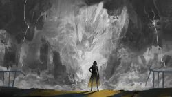 1girl angel apocalypse bob_cut building city debris destruction dress dust fallen_angel floating_building hand_on_own_hip highres kohata_(kohatazuke) monster novel_illustration official_art original partially_colored railing short_hair silhouette smoke standing thunder yellow_dress