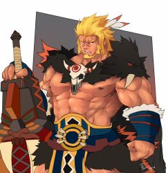 1boy abs animal_skull bara bare_pectorals beard blonde_hair bwanga dungeon_and_fighter facial_hair feather_hair_ornament feathers hair_ornament large_pectorals long_hair looking_at_viewer male_focus mature_male muscular muscular_male nipples pectorals pelvic_curtain planted solo stomach tengo_(maotengo) tribal underpec