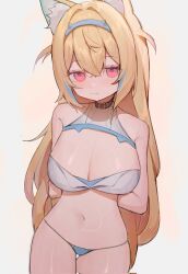1girl animal_ear_fluff animal_ears arms_behind_back belt_collar bikini black_collar blonde_hair blue_bikini blue_hair breasts cleavage collar dog_ears dog_girl fuwawa_abyssgard highres hololive hololive_english large_breasts long_hair looking_at_viewer multicolored_hair navel pink_eyes solo streaked_hair swimsuit szuukie two_side_up virtual_youtuber white_background