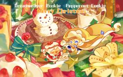 1girl 1other :d absurdres berry blonde_hair blue_bodysuit blue_eyes blush_stickers bodysuit boots bow bradyclaph83904 bread brooch cape character_name chibi chibi_only chinese_commentary christmas_ornaments closed_eyes commentary_request cookie_run cookie_run:_ovenbreak cup dreamweaver_cookie dress drink floating floating_object food food-themed_hat full_body fur-trimmed_cape fur-trimmed_dress fur_trim gift green_bow hair_bow hat highres holding holding_ornament hot_chocolate jewelry long_hair long_sleeves looking_at_another low_twintails merry_christmas official_style open_mouth orb peppernut_cookie plate red_dress santa_costume santa_dress shoes short_hair single_blush_sticker smile snowman standing star-shaped_pupils star_(symbol) star_brooch symbol-shaped_pupils twintails white_boots white_hair white_hat white_shoes yellow_cape yellow_hat