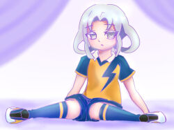 1girl akasode_matsuri_(inazuma_eleven) blue_shirt blue_shorts blue_socks collar flat_chest grey_eyes grey_hair hakkou_soft inazuma_eleven_(series) inazuma_eleven_victory_road large_variant_set medium_hair parted_lips raimon raimon_soccer_uniform shirt short_sleeves shorts sidelocks sitting soccer_uniform socks solo sportswear two-tone_shirt variant_set white_collar yellow_shirt
