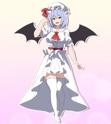 Rule 34 | 1girl, adapted costume, aged up, ascot, bat wings, blue hair, boots, breasts, center frills, collared shirt, commentary request, frilled shirt collar, frills, full body, hat, hat ribbon, highres, looking at viewer, medium breasts, medium hair, mob cap, open mouth, outline, puffy short sleeves, puffy sleeves, red ascot, red eyes, remilia scarlet, ribbon, shirt, short sleeves, skirt, smile, solo, thigh boots, thighhighs, touhou, to~fuya, white boots, white hat, white outline, white shirt, white skirt, wings, zettai ryouiki