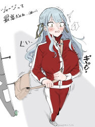 1girl bag bang_dream! bang_dream!_it&#039;s_mygo!!!!! between_breasts black_ribbon blue_hair blush breasts caught commentary_request gym_uniform hair_ribbon highres jacket large_breasts long_hair long_sleeves nagomu_7_56 open_mouth pants red_jacket red_pants ribbon shoulder_bag sidelocks solo togawa_sakiko translation_request yellow_eyes zipper_pull_tab