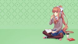 Rule 34 | 1girl, ahoge, annoyed, black thighhighs, blazer, blue skirt, blush, bow, breasts, brown hair, brown sweater vest, buttons, character name, clipboard, closed mouth, coffee, collared shirt, commentary, crossed legs, cup, disposable coffee cup, disposable cup, doki doki literature club, doki doki literature club plus, doki doki literature club school uniform, dot nose, dress shirt, english commentary, eyebrows hidden by hair, frown, frustrated, full body, furrowed brow, game cg, green background, green eyes, grey jacket, hair bow, hair intakes, heart, high ponytail, highres, holding, holding pen, jacket, large bow, long eyelashes, long hair, long sidelocks, looking down, lucidsky, mary janes, medium breasts, miniskirt, monika (doki doki literature club), narrowed eyes, neck ribbon, non-web source, notebook, official art, official wallpaper, paper, pen, pen to mouth, pleated skirt, ponytail, red ribbon, ribbon, satchely, school uniform, shirt, shoes, sidelocks, sitting, skirt, solo, sparkling eyes, squchan, steam, sweater vest, swept bangs, thick eyelashes, thighhighs, thighs, thinking, tsurime, v-neck, v-shaped eyebrows, very long hair, white bow, white shirt, white shoes, wing collar
