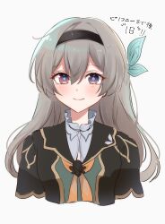 1girl absurdres black_hairband black_jacket blue_bow blue_pupils blush bow closed_mouth collared_shirt cropped_torso firefly_(honkai:_star_rail) grey_hair hair_between_eyes hair_bow hair_intakes hairband highres honkai:_star_rail honkai_(series) hotaboshi_yazuki jacket long_hair long_sleeves looking_at_viewer neckerchief orange_neckerchief purple_eyes shirt sidelocks simple_background smile solo straight-on translation_request white_background white_shirt yaduki100