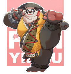 1boy animal_ears artist_name bara barefoot belly black_fur black_pants bracelet character_name chinese_clothes commentary english_commentary fat fat_man furry furry_male high_kick highres jewelry kicking looking_at_viewer male_focus multicolored_fur one_eye_closed open_mouth paid_reward_available pan_yinhu panda_boy panda_ears pants pawpads round_eyewear shirt smile spiked_bracelet spikes uwsponge v white_fur wok yellow_shirt zenless_zone_zero