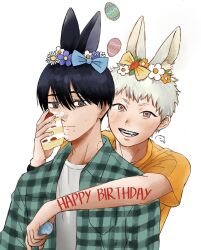 Rule 34 | 2boys, animal ear fluff, animal ears, bite mark, bite mark on neck, black eyes, black hair, blue bow, blue flower, blush, bow, breast pocket, cake, cake slice, carrot hair ornament, closed mouth, collared shirt, commentary, easter egg, egg, english text, expressionless, fang, flower, food, food-themed hair ornament, food on face, green shirt, grey eyes, hair between eyes, hair ornament, happy birthday, head wreath, highres, hikaru ga shinda natsu, holding, holding egg, holding food, hug, hug from behind, in the face, indou hikaru, kemonomimi mode, long sleeves, looking at viewer, male focus, mole, mole on cheek, mole under mouth, multiple boys, multiple moles, nyanmi (nyanmi2222), open clothes, open mouth, open shirt, orange flower, orange shirt, pie in face, plaid clothes, plaid shirt, pocket, portrait, rabbit ears, red pupils, shirt, shirt under shirt, short eyebrows, short hair, short sleeves, signature, simple background, smile, strawberry shortcake, t-shirt, teeth, tsujinaka yoshiki, very short hair, watch, white background, white flower, white hair, white shirt, wristwatch, yellow bow