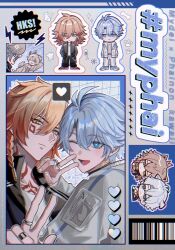 2boys ;d alternate_costume antenna_hair black_choker black_jacket black_pants blonde_hair blue_eyes braid chest_tattoo chibi choker facial_tattoo gradient_hair hair_between_eyes ham_mmx heart honkai:_star_rail honkai_(series) jacket male_focus medium_hair multicolored_hair multiple_boys mydei_(honkai:_star_rail) one_eye_closed open_clothes open_jacket open_mouth pants phainon_(honkai:_star_rail) red_hair red_tattoo shirt short_hair side_braid smile spoken_heart tattoo v white_hair white_jacket white_shirt yellow_eyes zipper